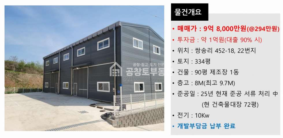 경기 화성만세구 마도면 쌍송리 마도 공장부지 • 90% 1금융권 대출지원 • 고속도로 2분 매매 매물번호 10338 사진 2